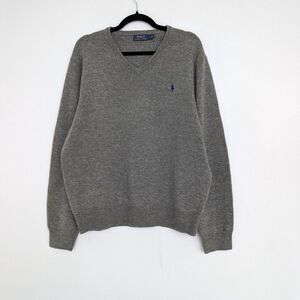 Polo Ralph Lauren Gray Wool V Neck Pony Logo Embroidery Sweater Sz L Classic